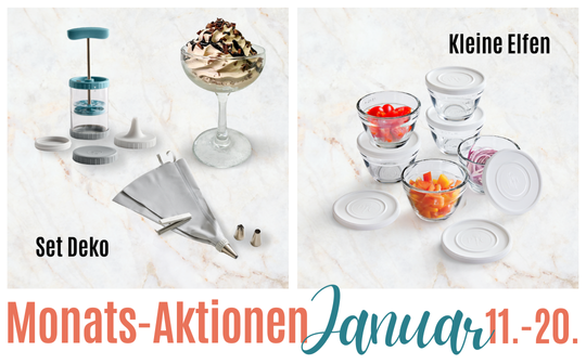 Januar-Aktionen 11.–20. mit Dessertgläsern, Sahne- und Dekorationszubehör für süße Genussmomente im Alltag.
