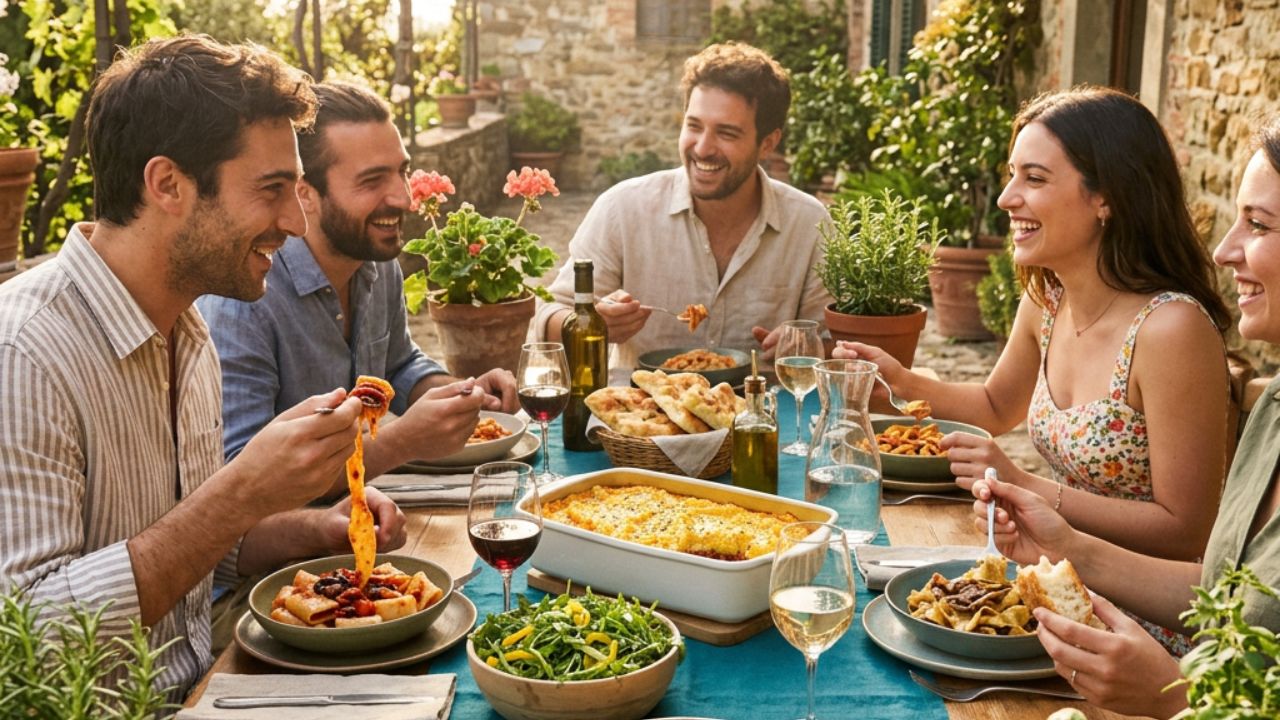 Freunde genießen gemeinsam ein Essen im Freien an einem sommerlich gedeckten Tisch mit dem Pasta Lover Set, Auflauf, Salat und Getränken.