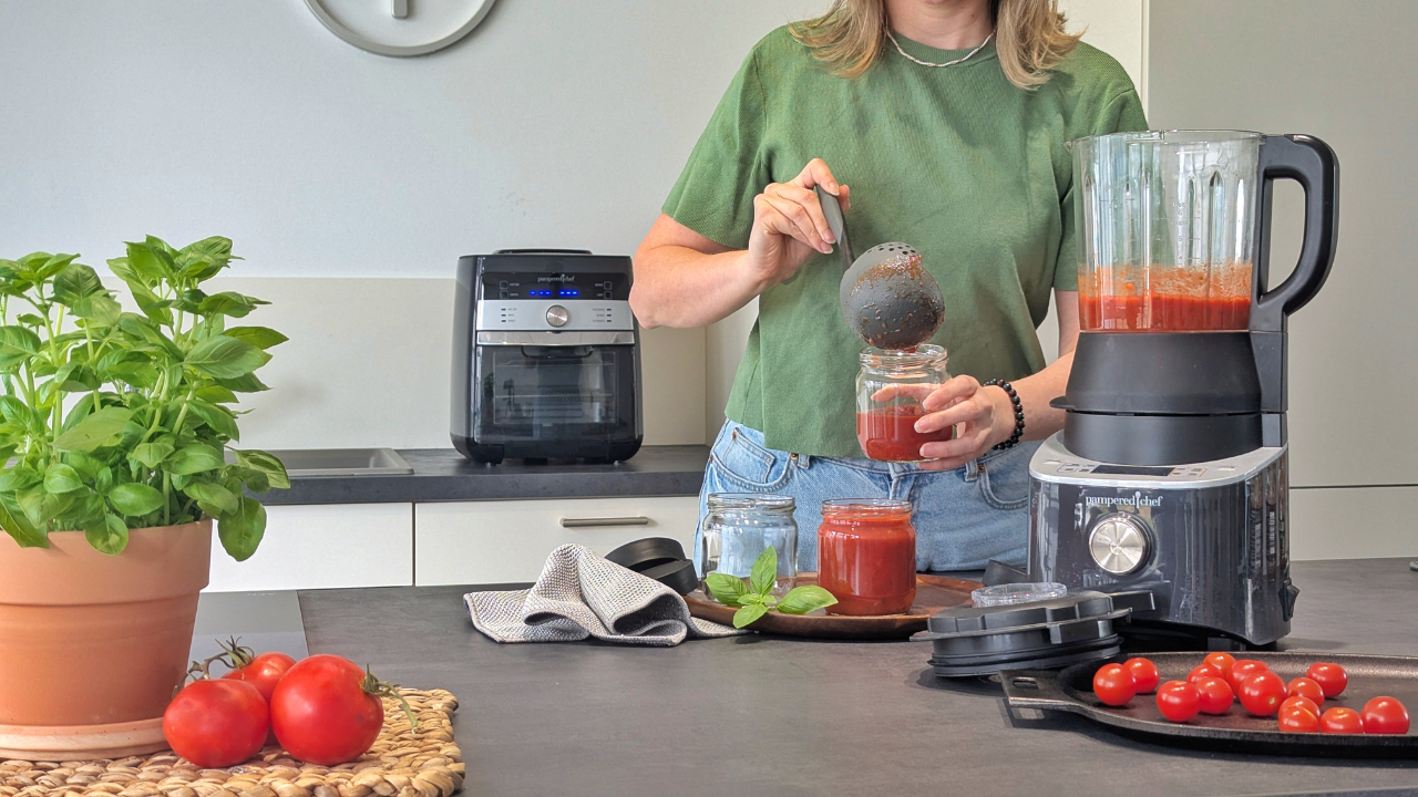 Frau bereitet mit dem Deluxe Blender Tomatensauce zu