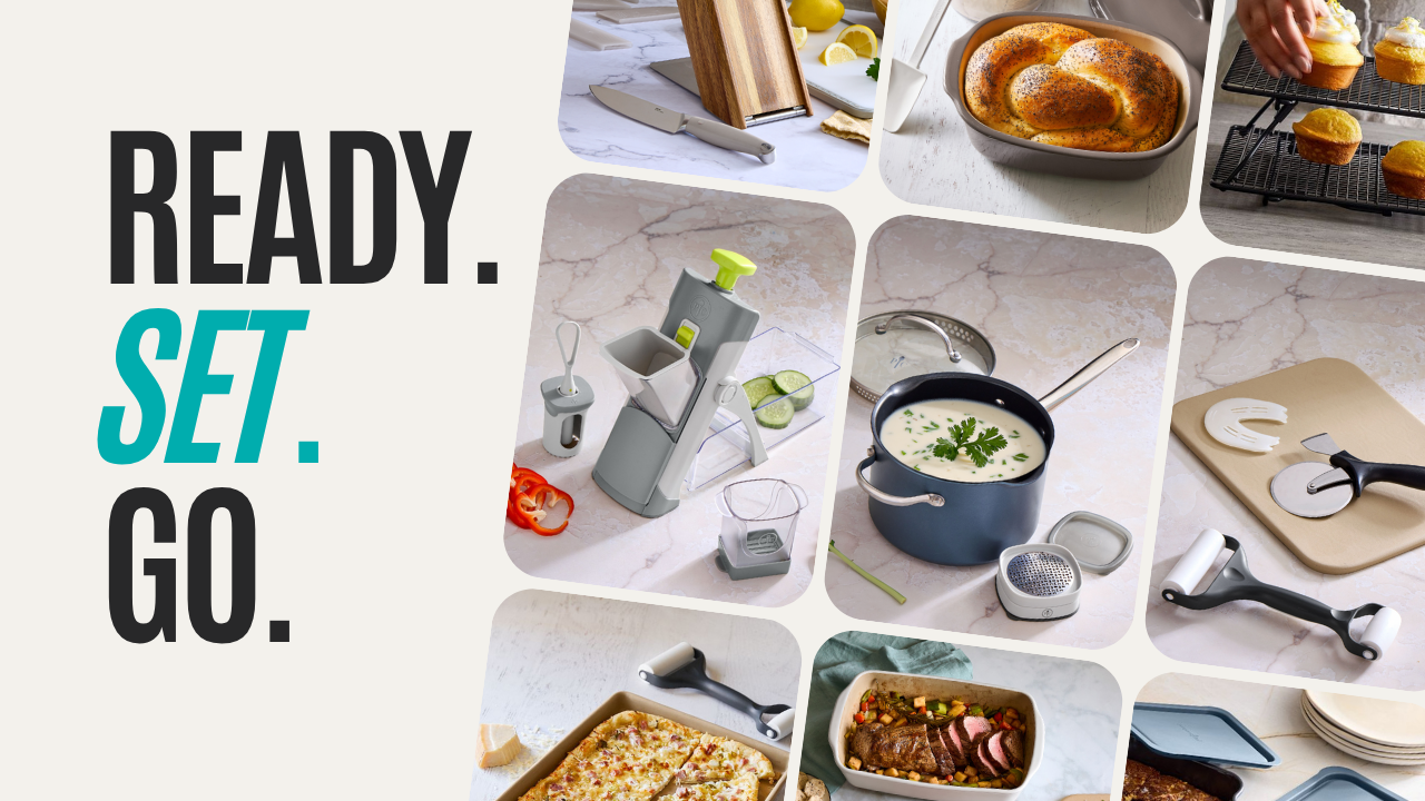 Verschiedene Pampered Chef Aktions-Sets für Pizza, Pasta, Salate und Desserts laden zu gemeinsamen Sommermahlzeiten mit Familie und Freunden ein.