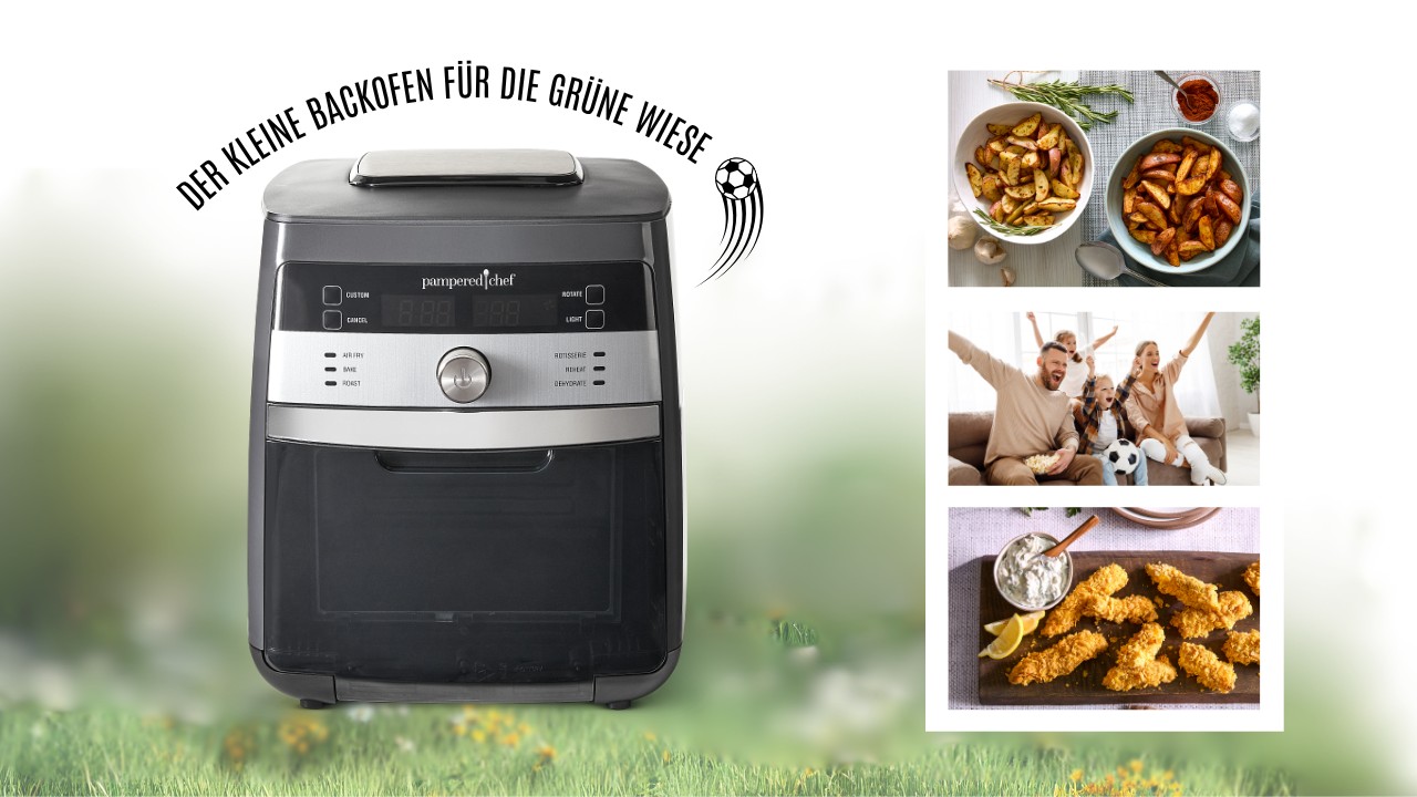 Deluxe Air Fryer von Pampered Chef mit knusprigen Snacks und Familienmomenten – vielseitige Heißluftfritteuse für einfache Sommergerichte und gesellige Abende.