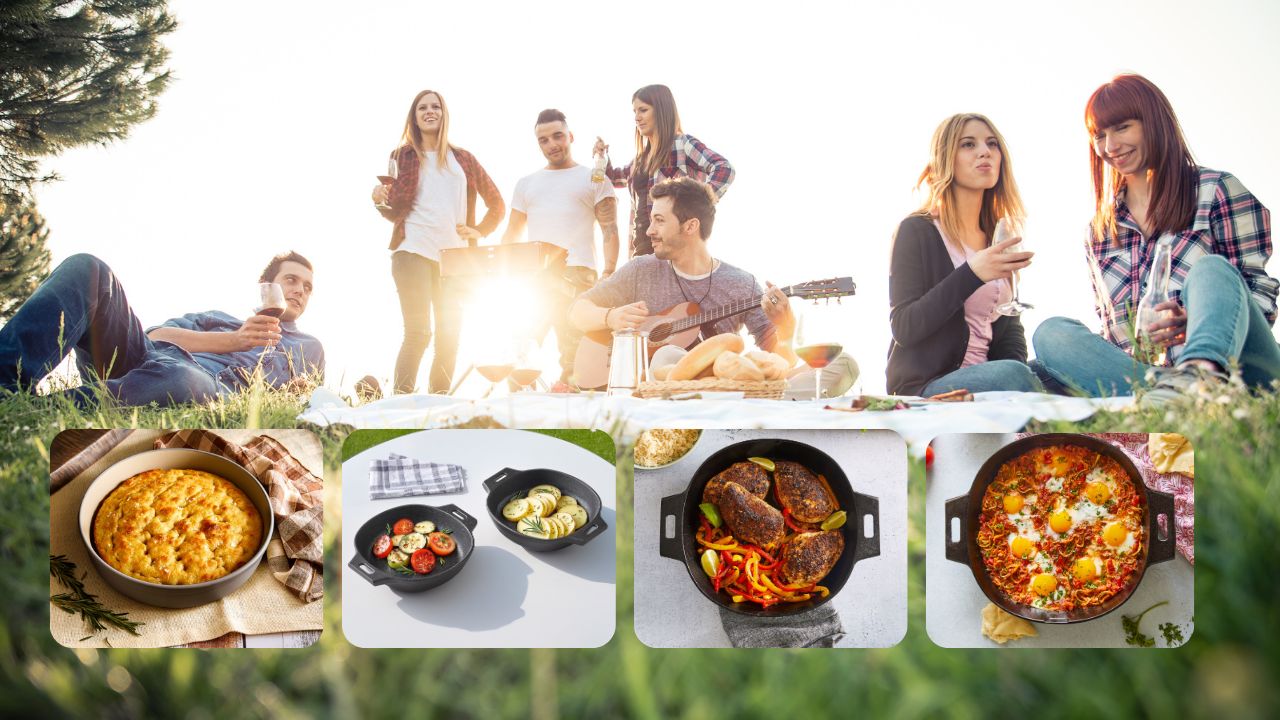 Freunde genießen gemeinsam einen sommerlichen BBQ-Abend im Freien mit Pampered Chef Grill- und Küchenzubehör.