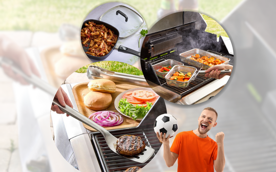 Grillprodukte für Frühlings-BBQ mit Fleisch, Gemüse, Rezeptideen und Fußballstimmung