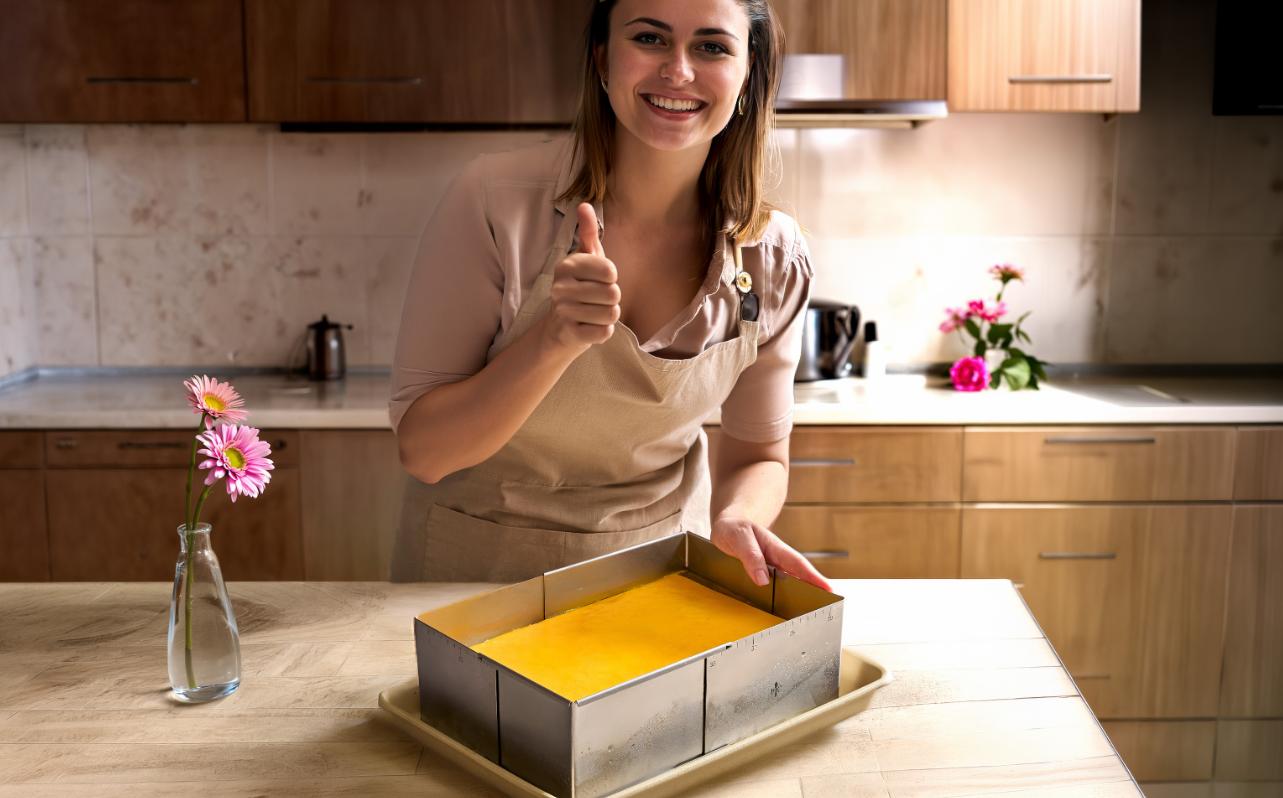 Frau in moderner Küche mit Backblech, Ofenzauberer Plus und Backzubehör für saftige Kuchen und Desserts 