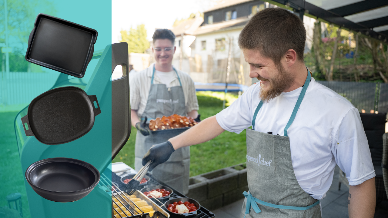 Mann grillt mit Pampered Chef BBQ-Produkten auf einer sommerlichen Terrasse.