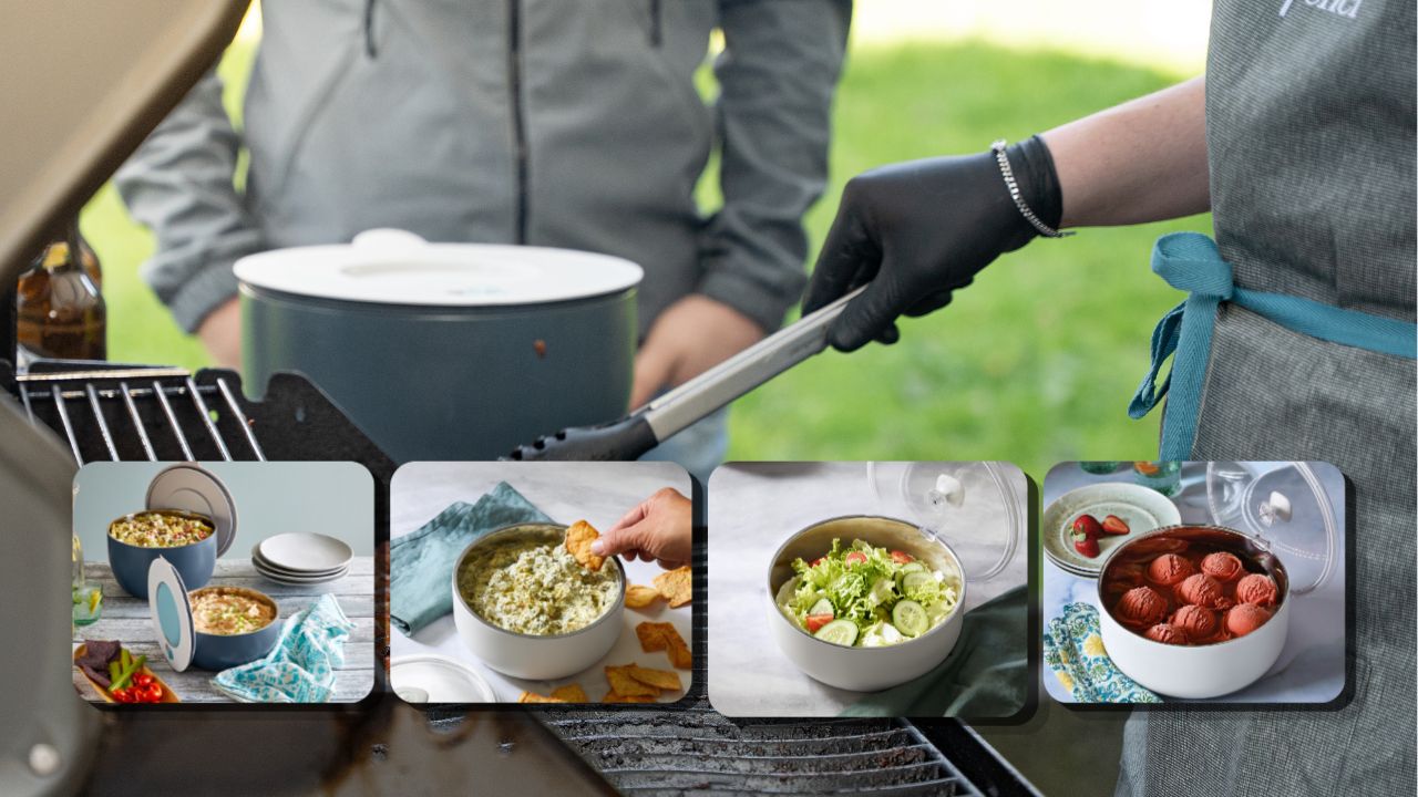 Sommerliches BBQ mit isolierten Servierschüsseln und Servierschalen für Salate, Snacks und Beilagen im Freien.