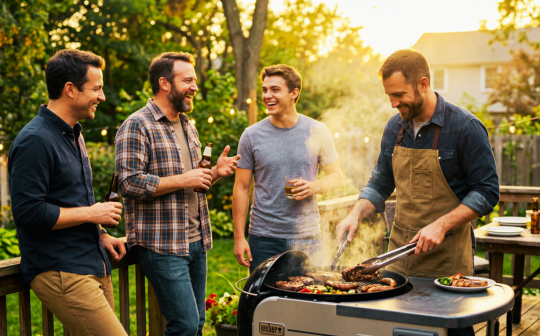 Amis réunis autour du barbecue dans le jardin avec accessoires BBQ, plaques de cuisson et ambiance estivale conviviale