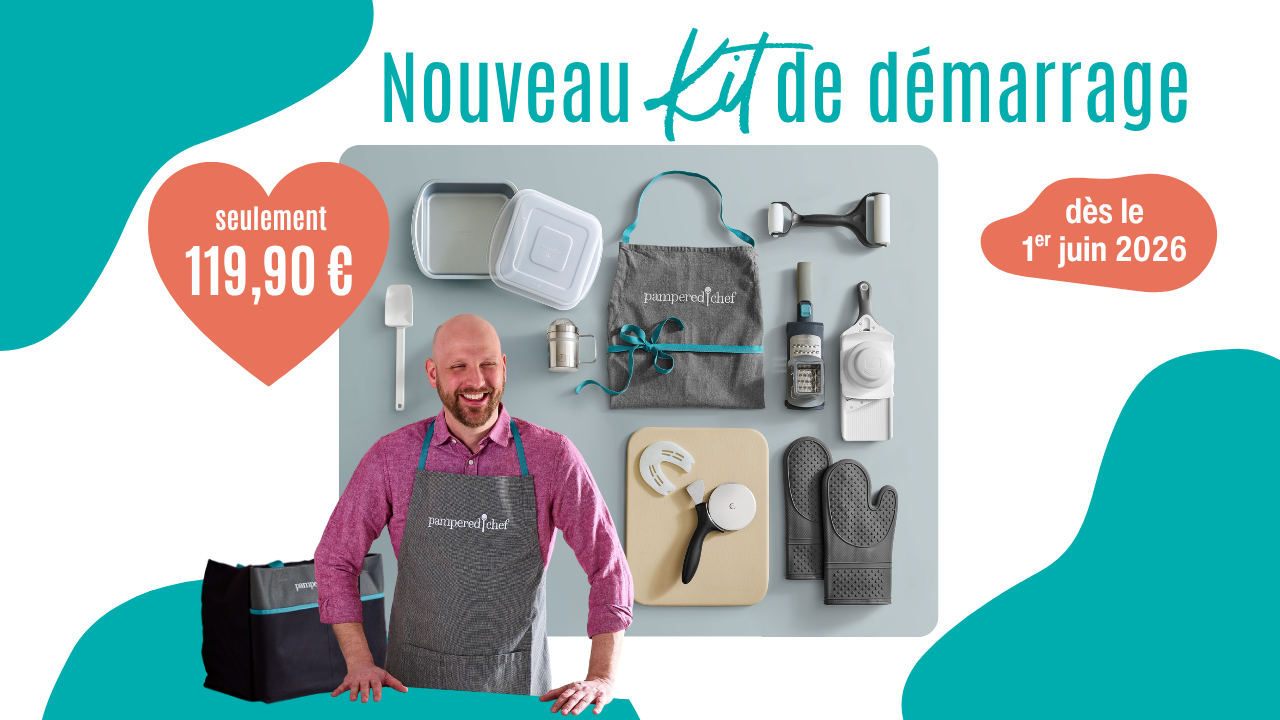 Nouveau Kit de démarrage Pampered Chef juin 2026 avec accessoires de cuisine et de cuisson pour démarrer une activité de conseiller·ère indépendant·e.