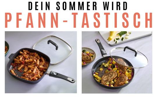 Zwei Keramik-Antihaft-Bratpfannen mit zubereiteten Speisen auf heller Arbeitsfläche. Die Pfannen sind für vielseitiges Kochen und Servieren geeignet.