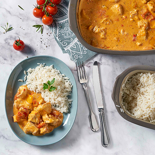 Tomaten-Paprika-Hähnchen mit Reis